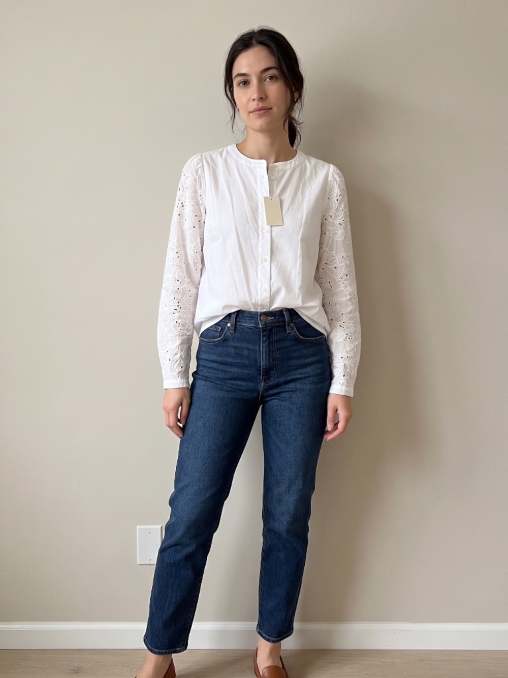 NWT J.Crew Factory White Eyelet Lace Sleeve Collarless Button-Down Top - Size S